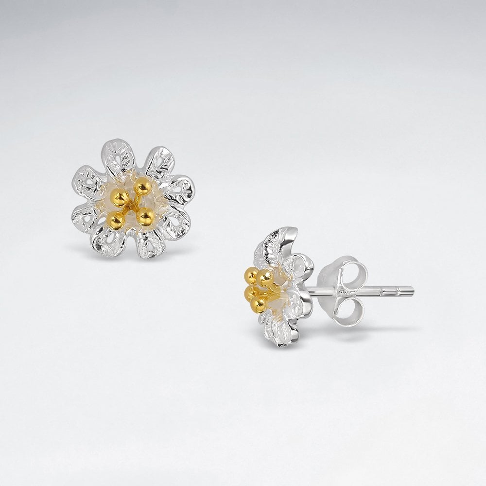 Oxidized Silver Detailed Flower Stud Earrings