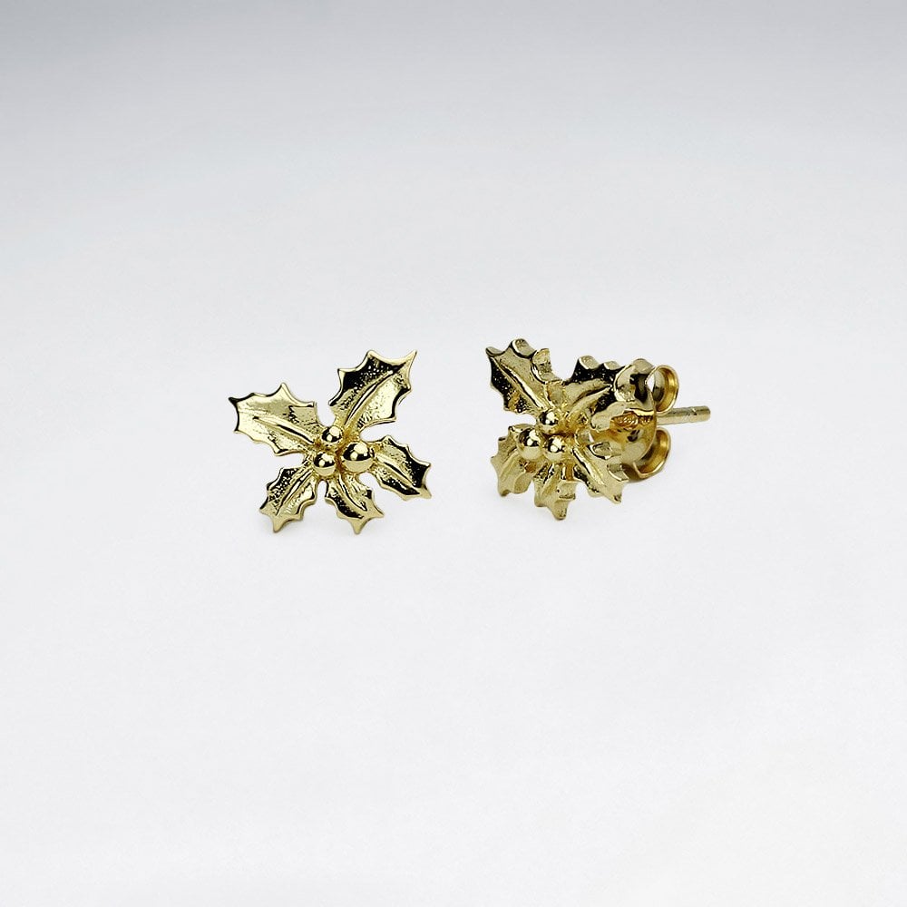 Sterling Silver Christmas Holly Stud Earrings