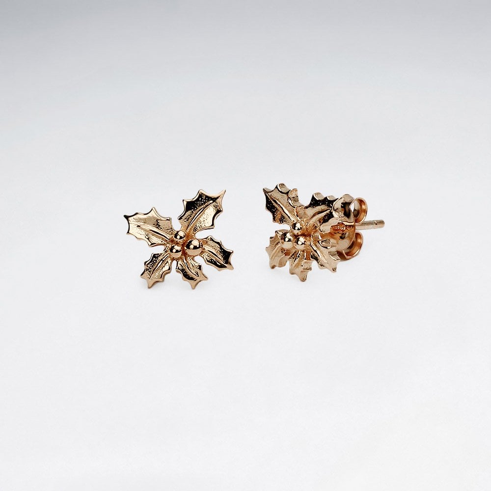 Sterling Silver Christmas Holly Stud Earrings