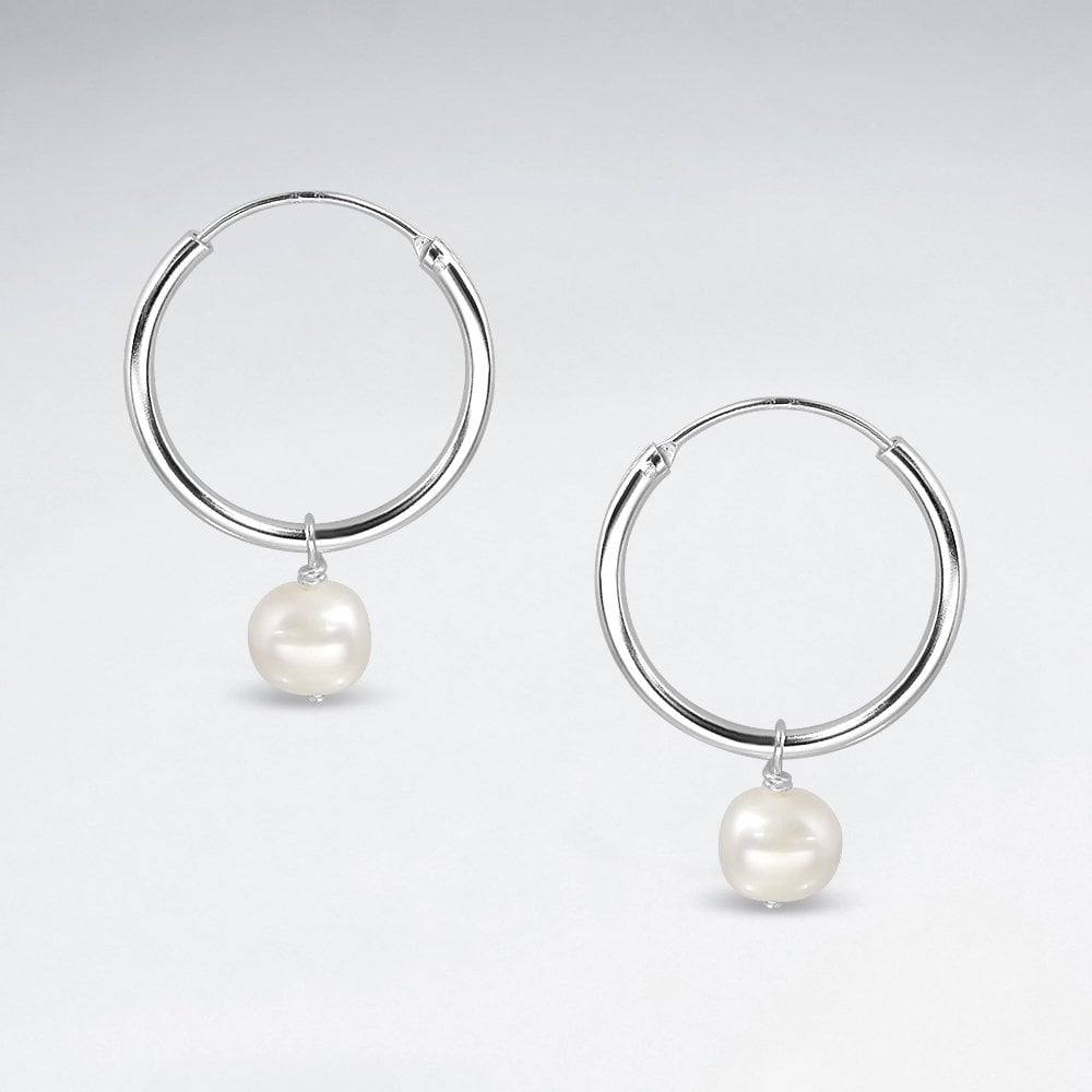 Sterling Silver Hoop Dangle Pearl Earrings