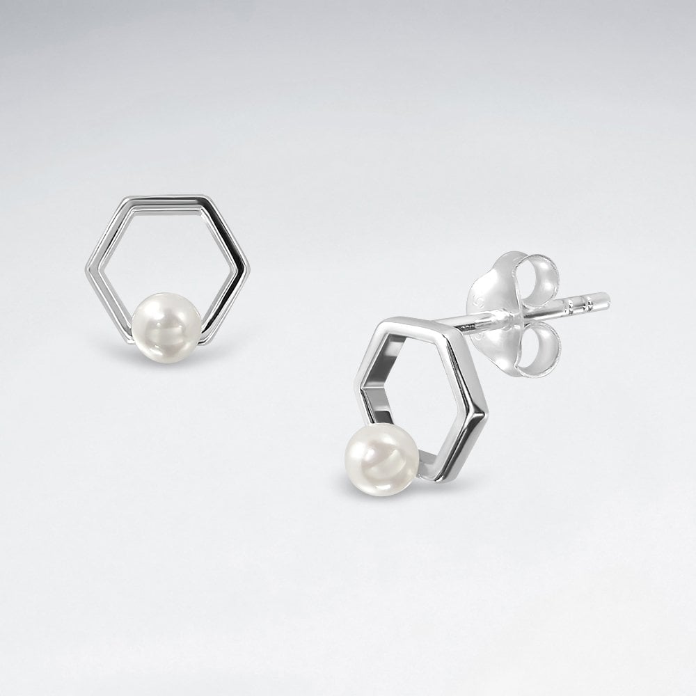 Sterling Silver Honeycomb Pearl Dangle Stud Earrings