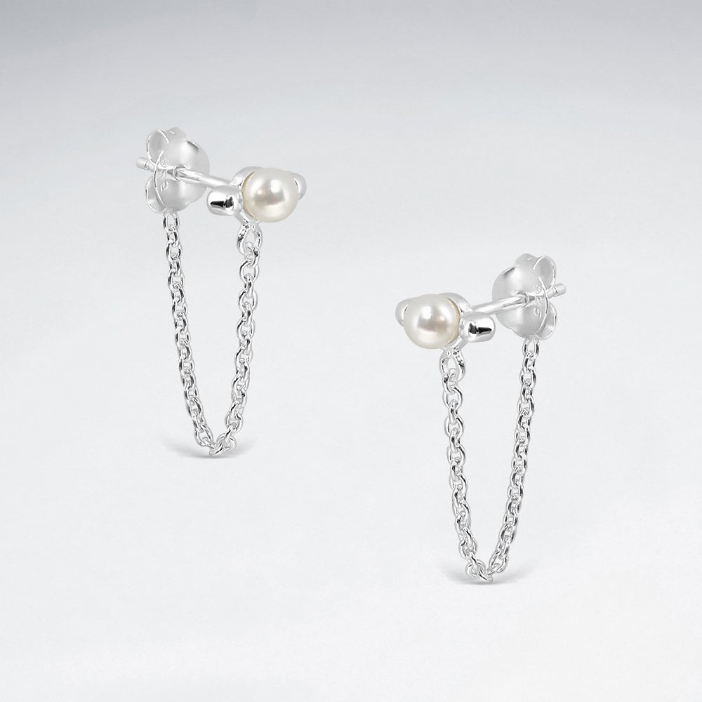 Sterling Silver Chain Drop Pearl Stud Earrings