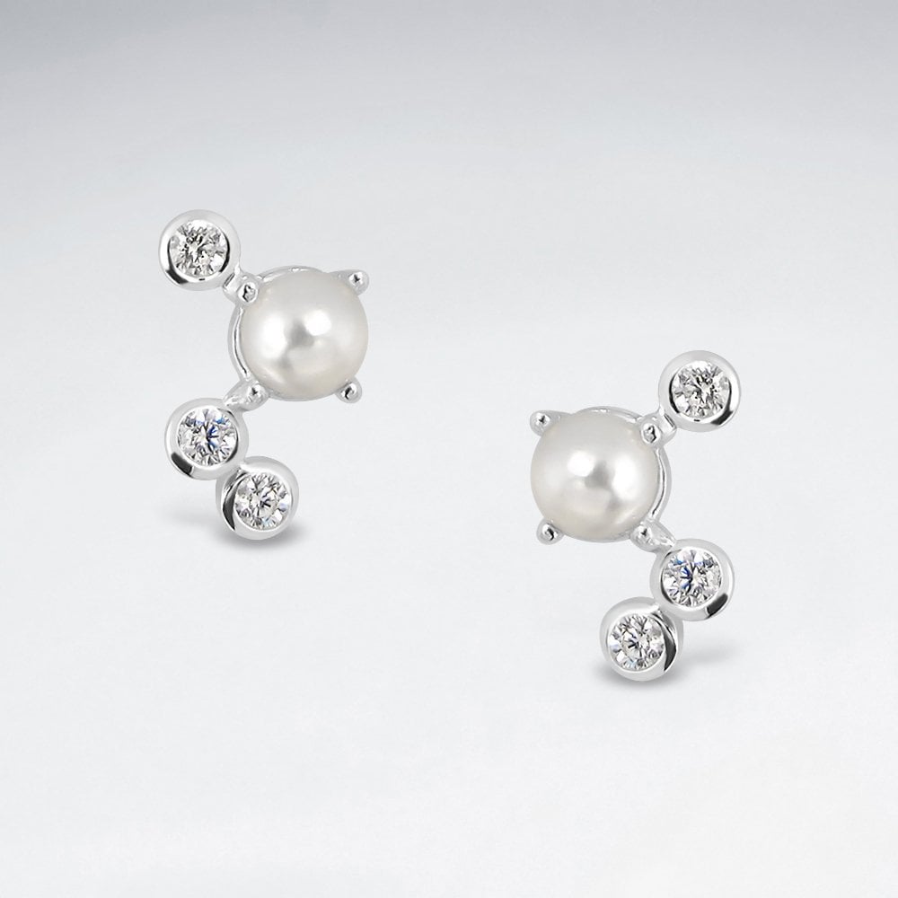 Sterling Silver Pearl Stud Constellation CZ Earrings