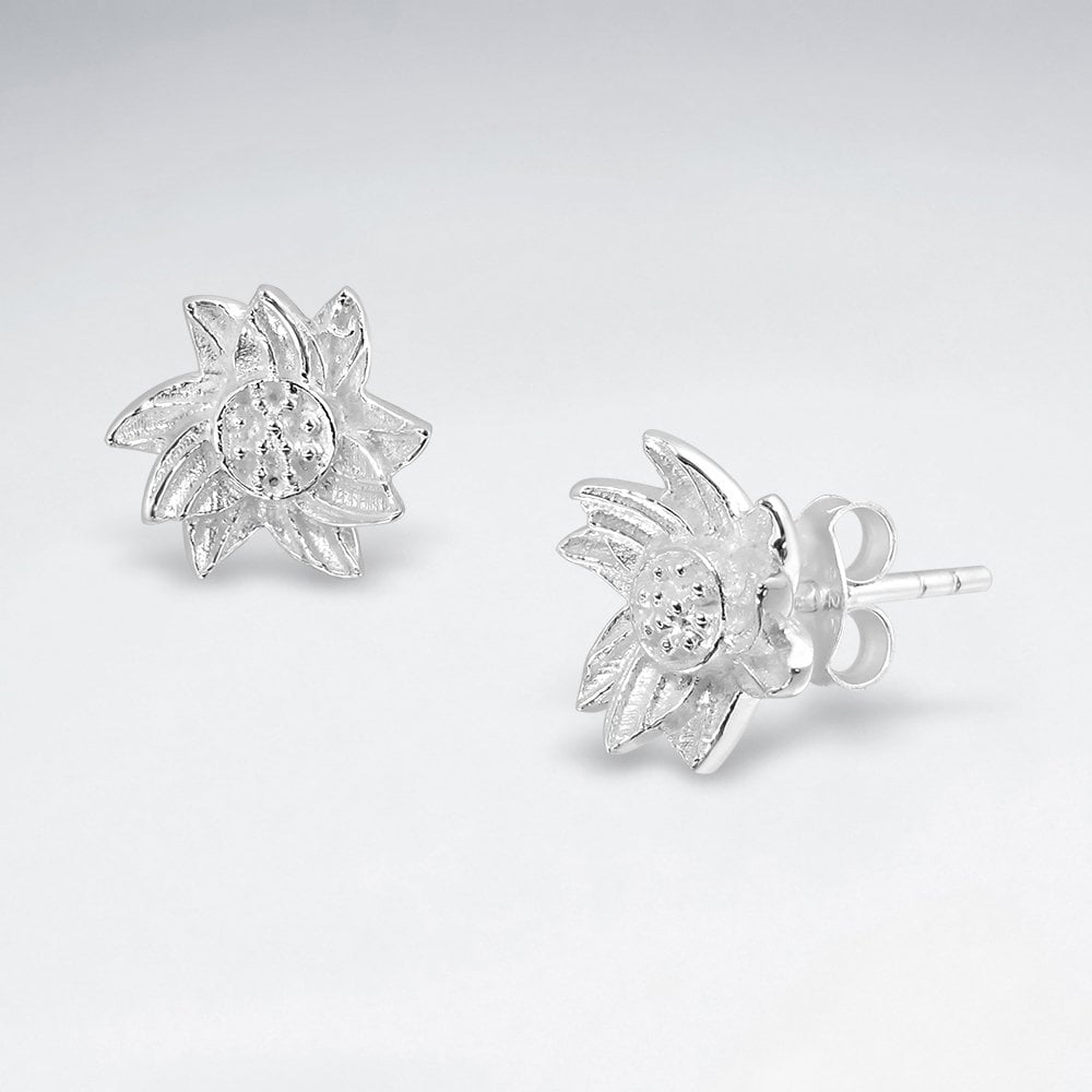 Sterling Silver Detailed Flower Blossom Stud Earrings