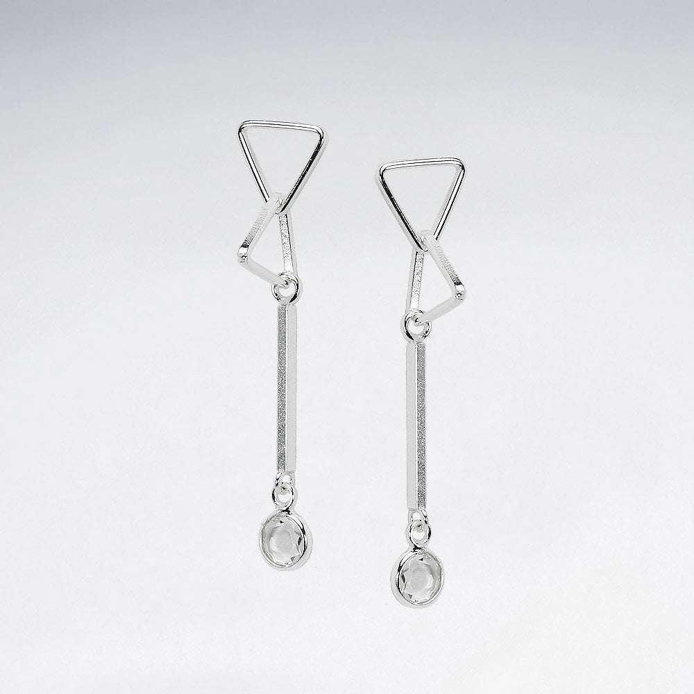 Silver CZ Linked Triangle Dangle Bar Stud Earrings