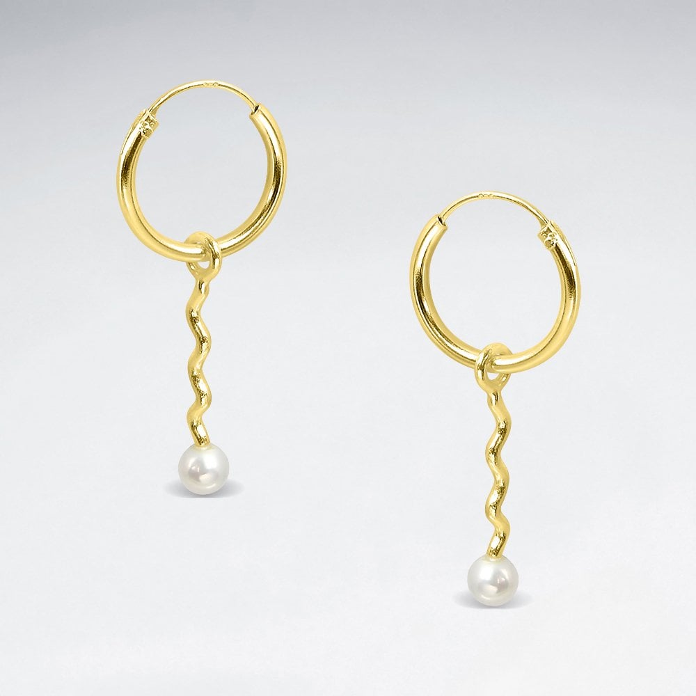 Sterling Silver Wave Pearl Drop 14 mm Hoop Earrings