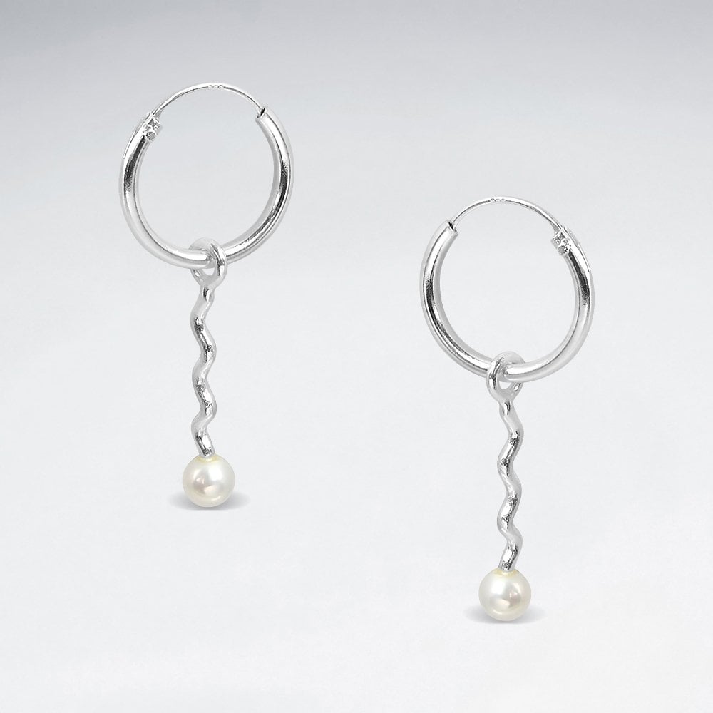 Sterling Silver Wave Pearl Drop 14 mm Hoop Earrings
