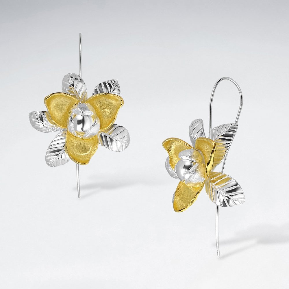 Sterling Silver Flower and Leaf Hook Earrings