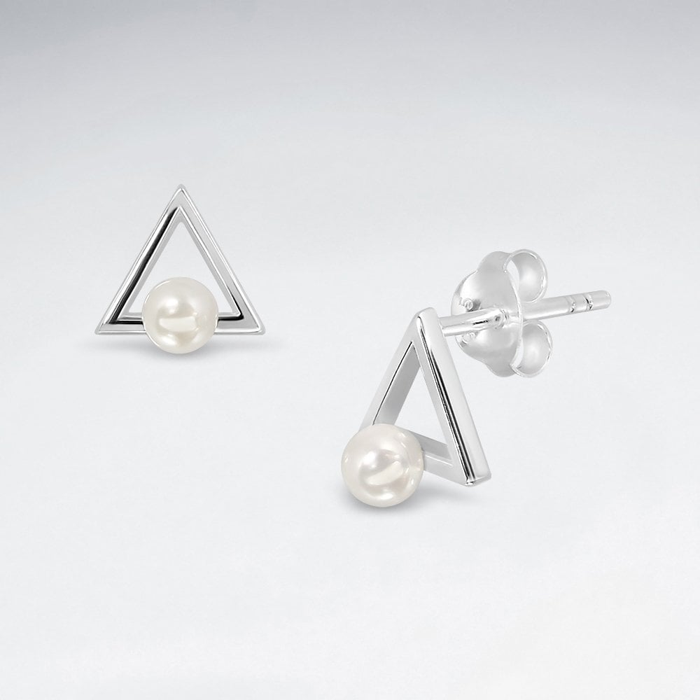 Sterling Silver Openwork Triangle Pearl Earrings