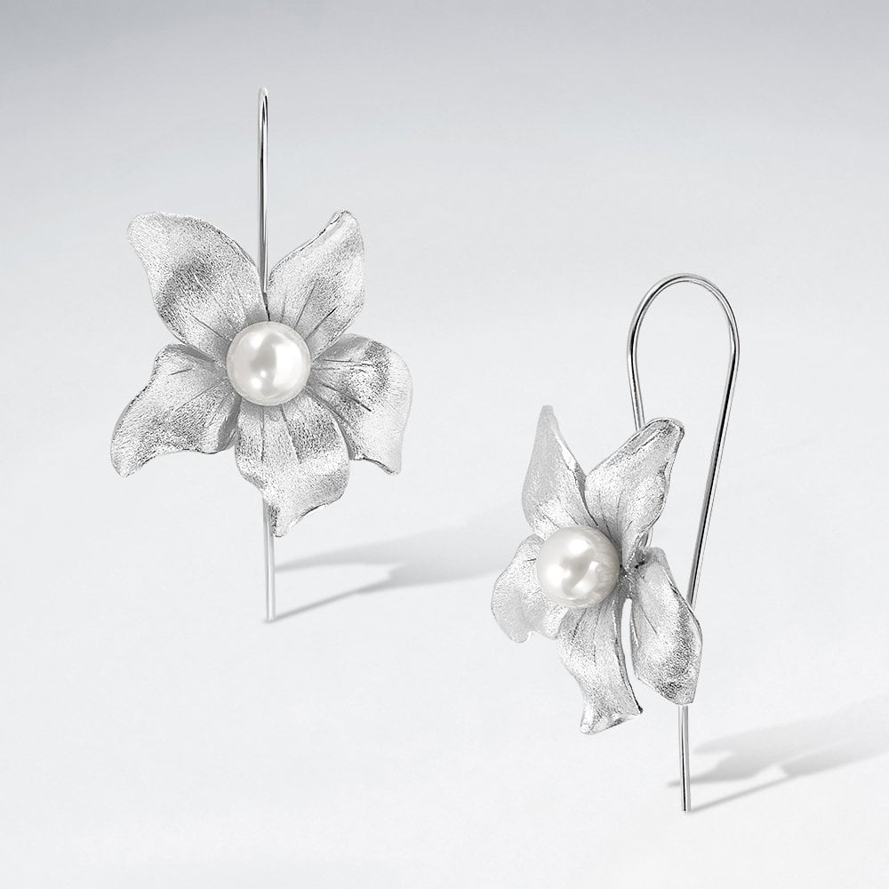 Sterling Silver Dewy Flower Hook Earrings