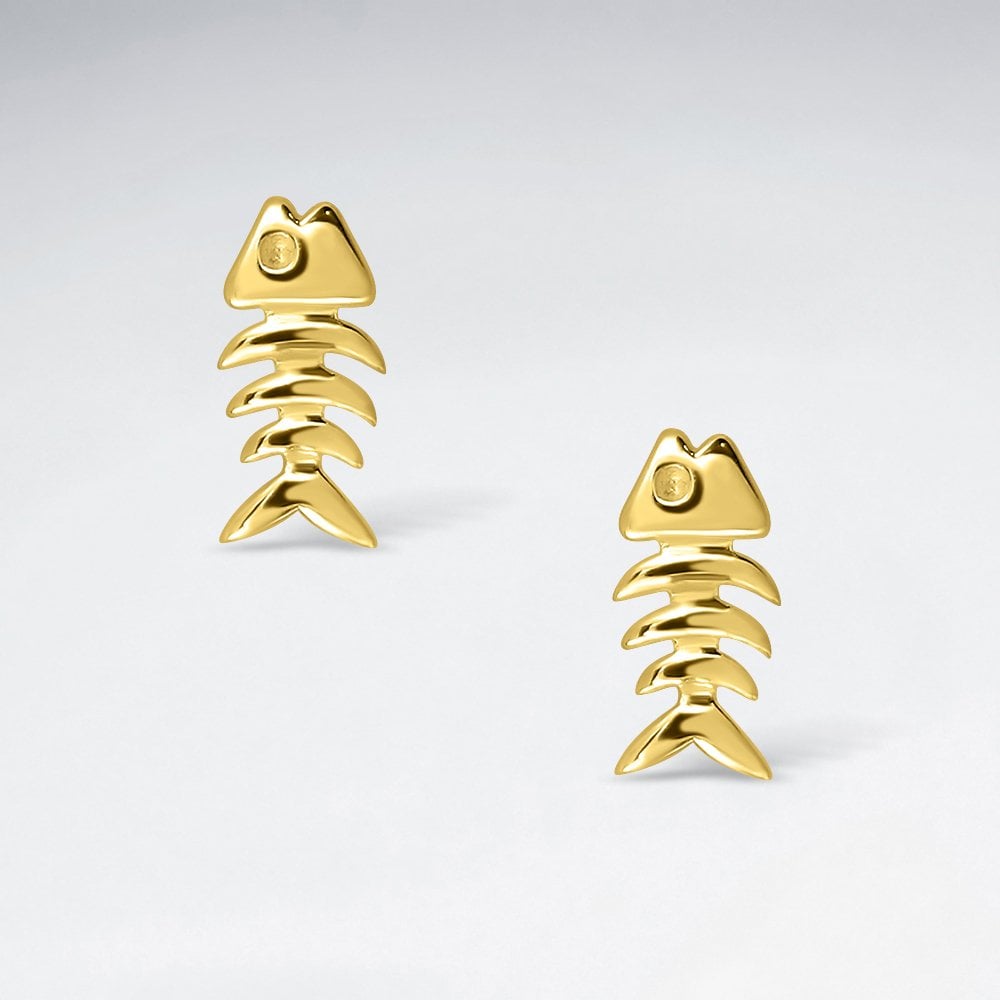 Sterling Silver Fish Skeleton Stud Earrings