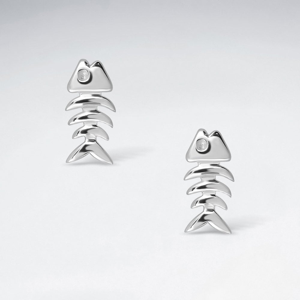 Sterling Silver Fish Skeleton Stud Earrings
