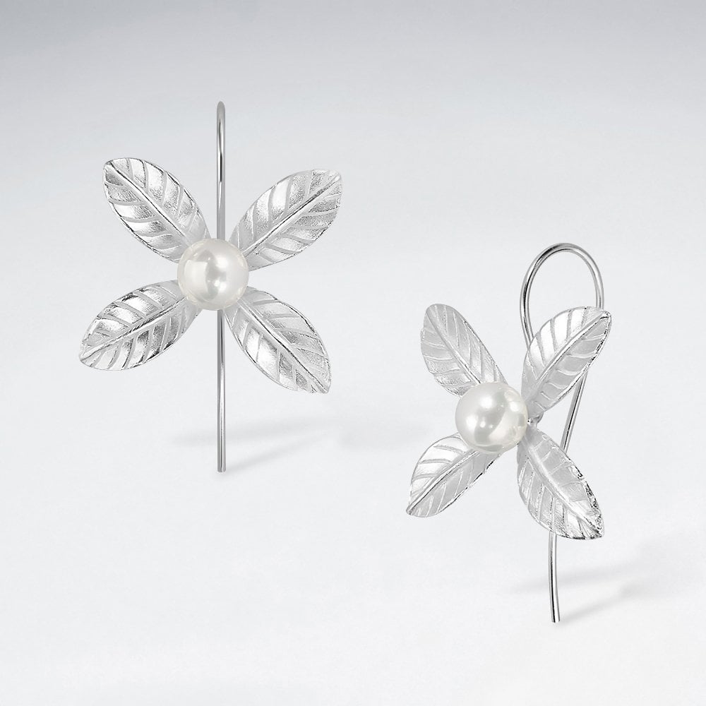 Sterling Silver Four Point Flower Pearl Earrings