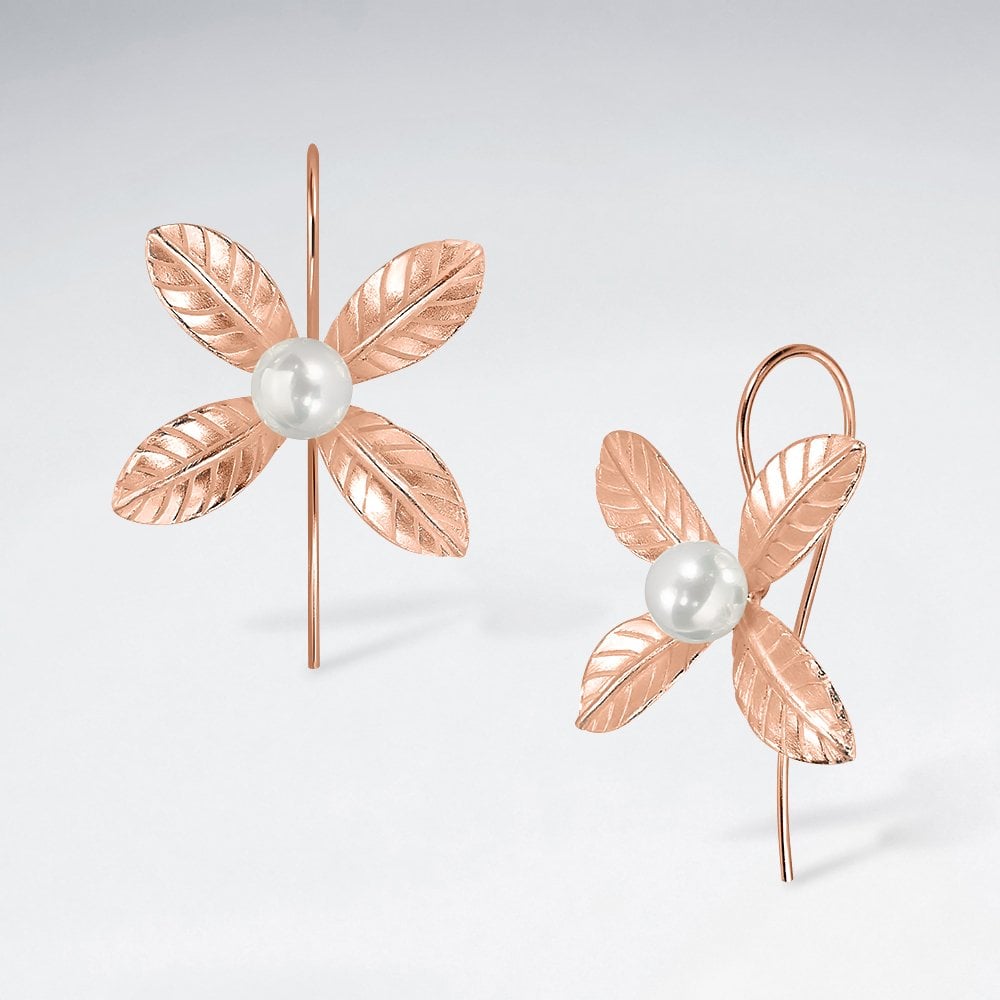 Sterling Silver Four Point Flower Pearl Earrings