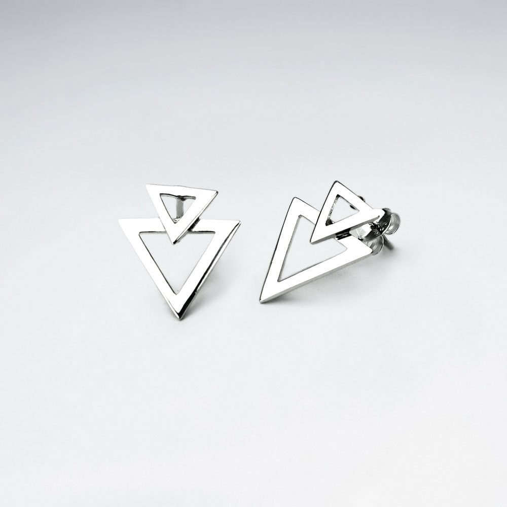 Sterling Silver Double Overlap Openwork Triangle Stud Earrings