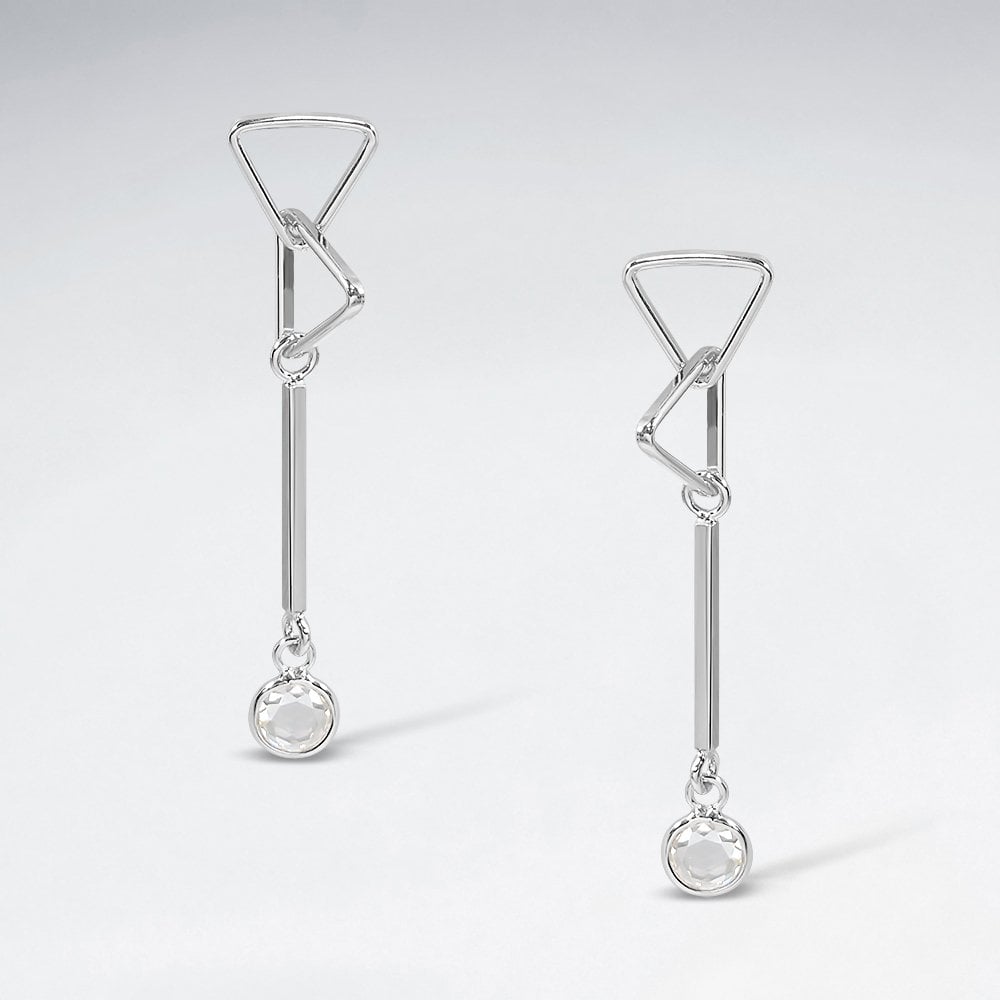 Silver CZ Linked Triangle Dangle Bar Stud Earrings