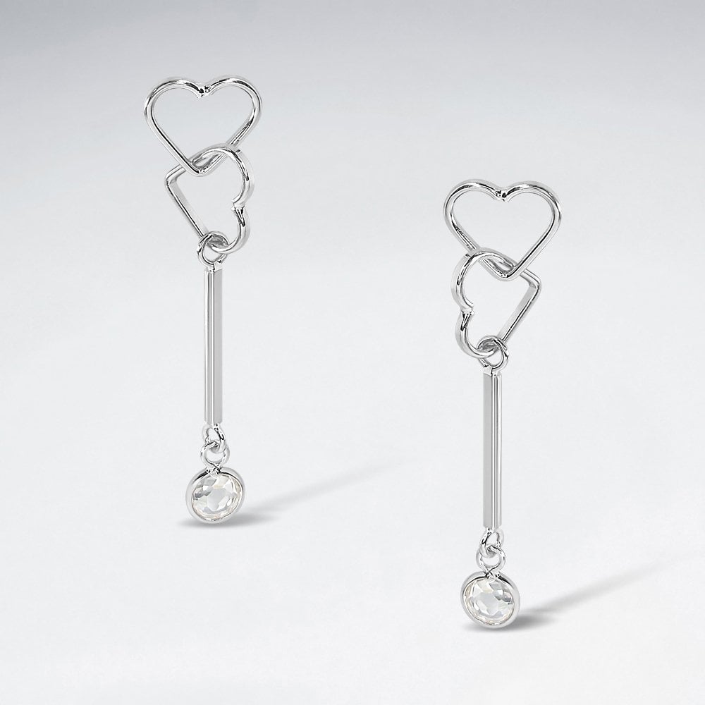 Sterling Silver CZ Heart Key Dangle Stud Earrings