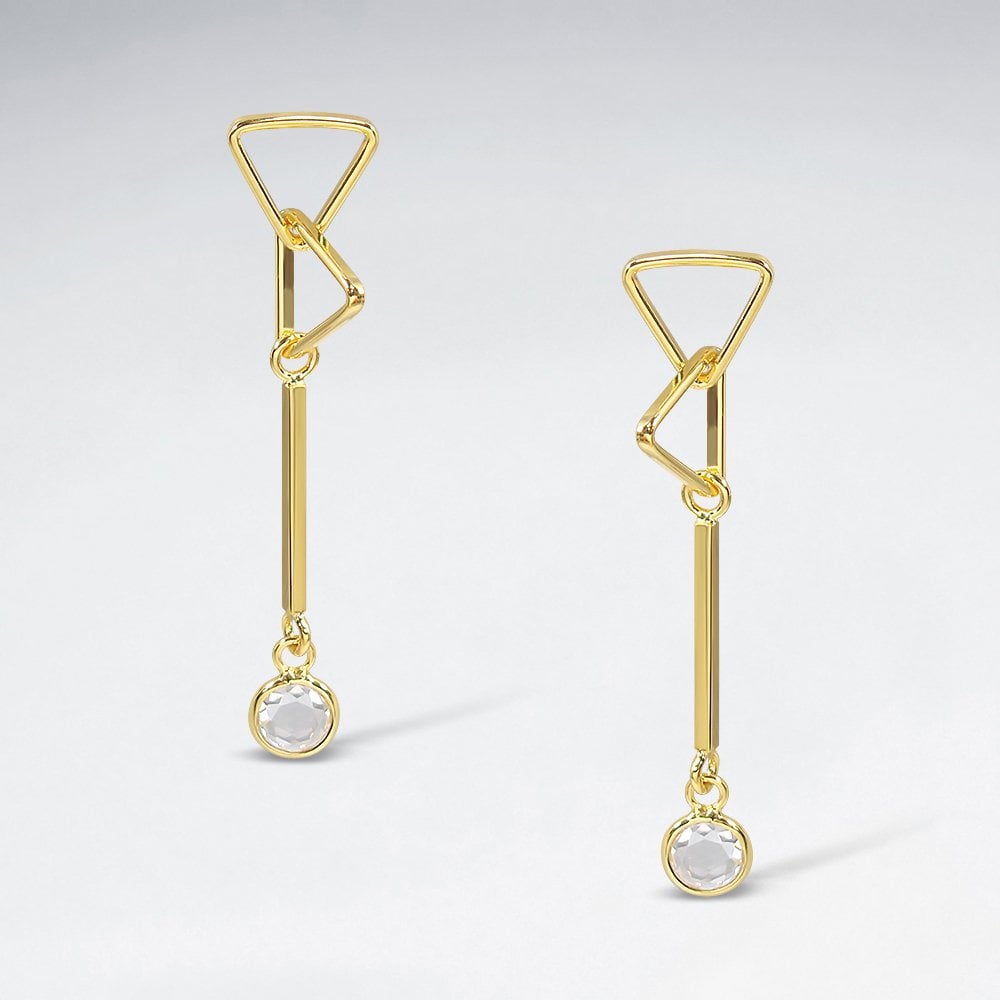 Silver CZ Linked Triangle Dangle Bar Stud Earrings