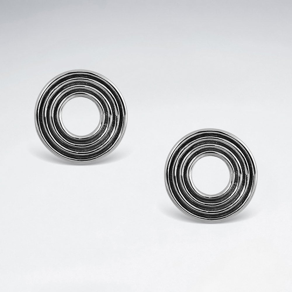 Sterling Silver Round Ribbed Disc Stud Earrings