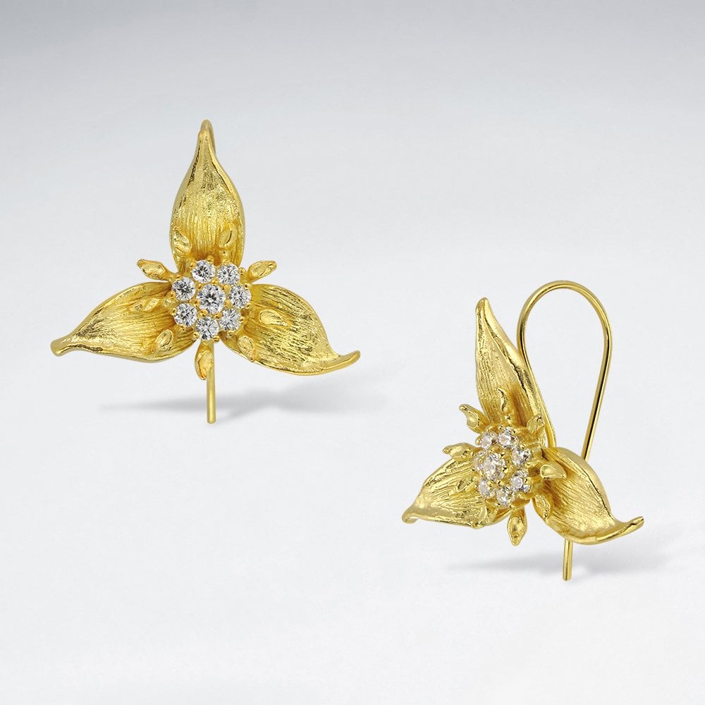 Sterling Silver Three Point Flower Hook CZ Earrings