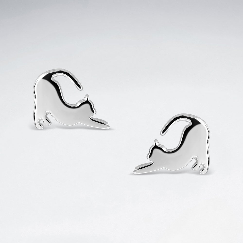 Sterling Silver Stretching Cat Silhouette Stud Earrings