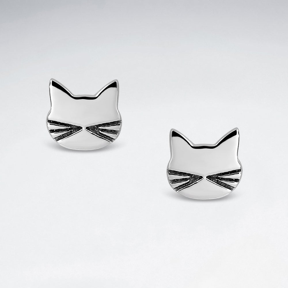 Sterling Silver Whiskered Cat Silhouette Stud Earrings