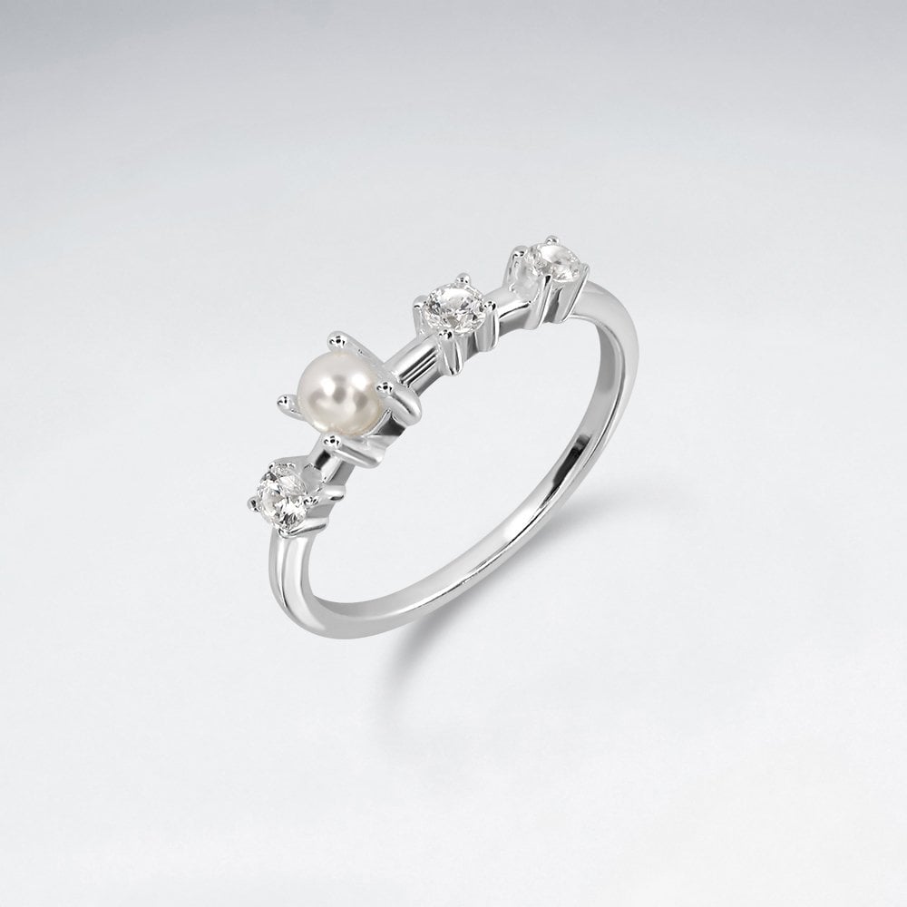 Sterling Silver Pearl and  CZ Ring