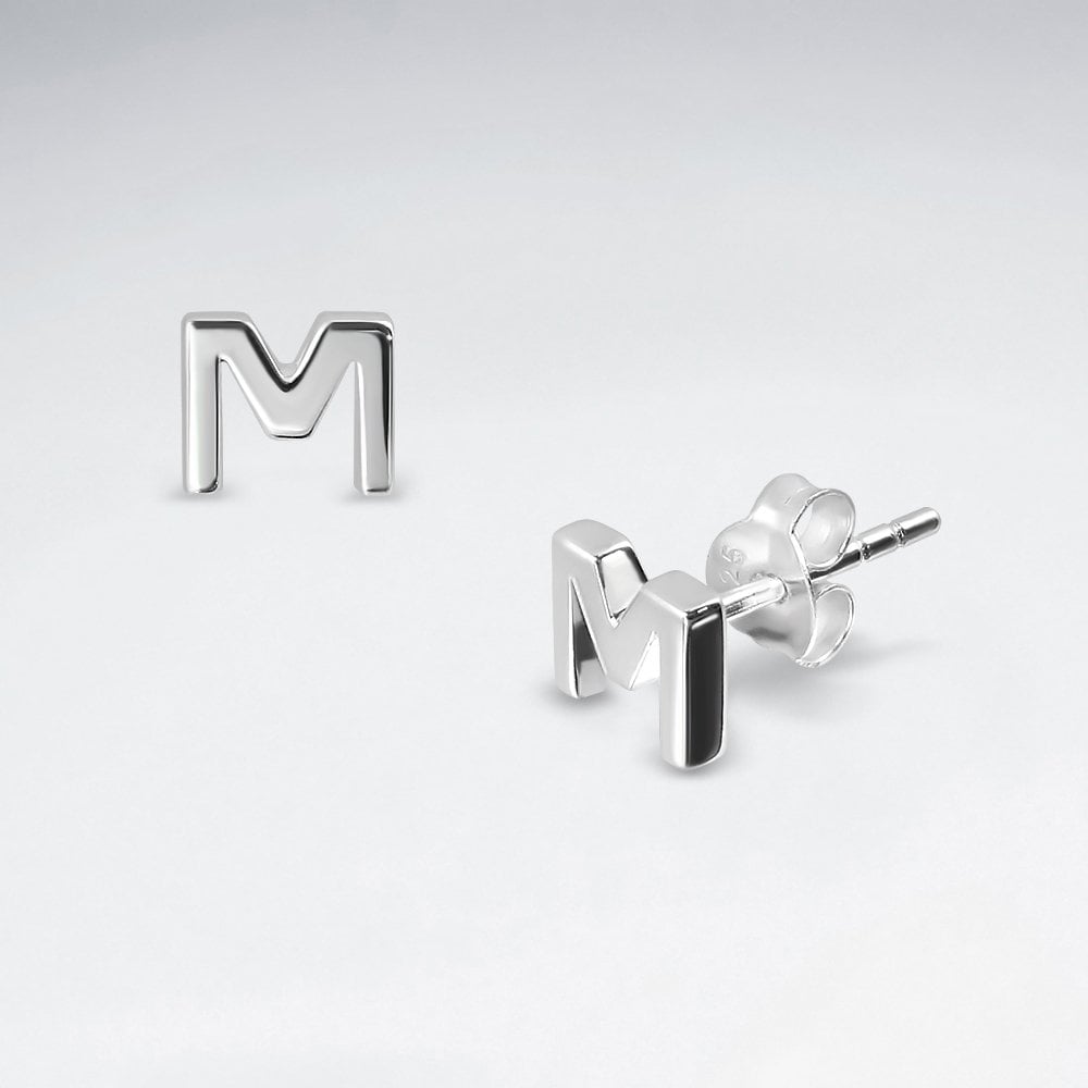 Initial Letter “M” Silver Stud Earring