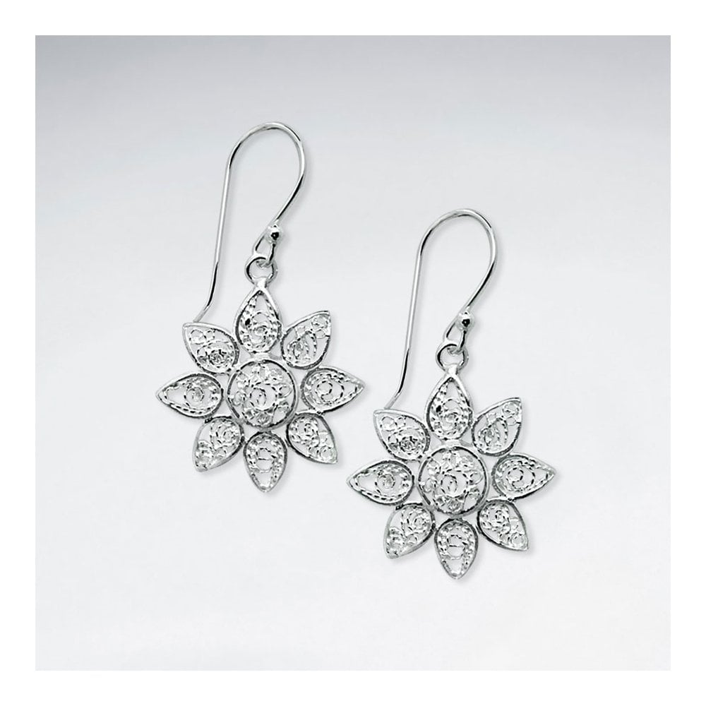 Ornate Filigree Sterling Silver Star Blossom Dangle Hook Earrings