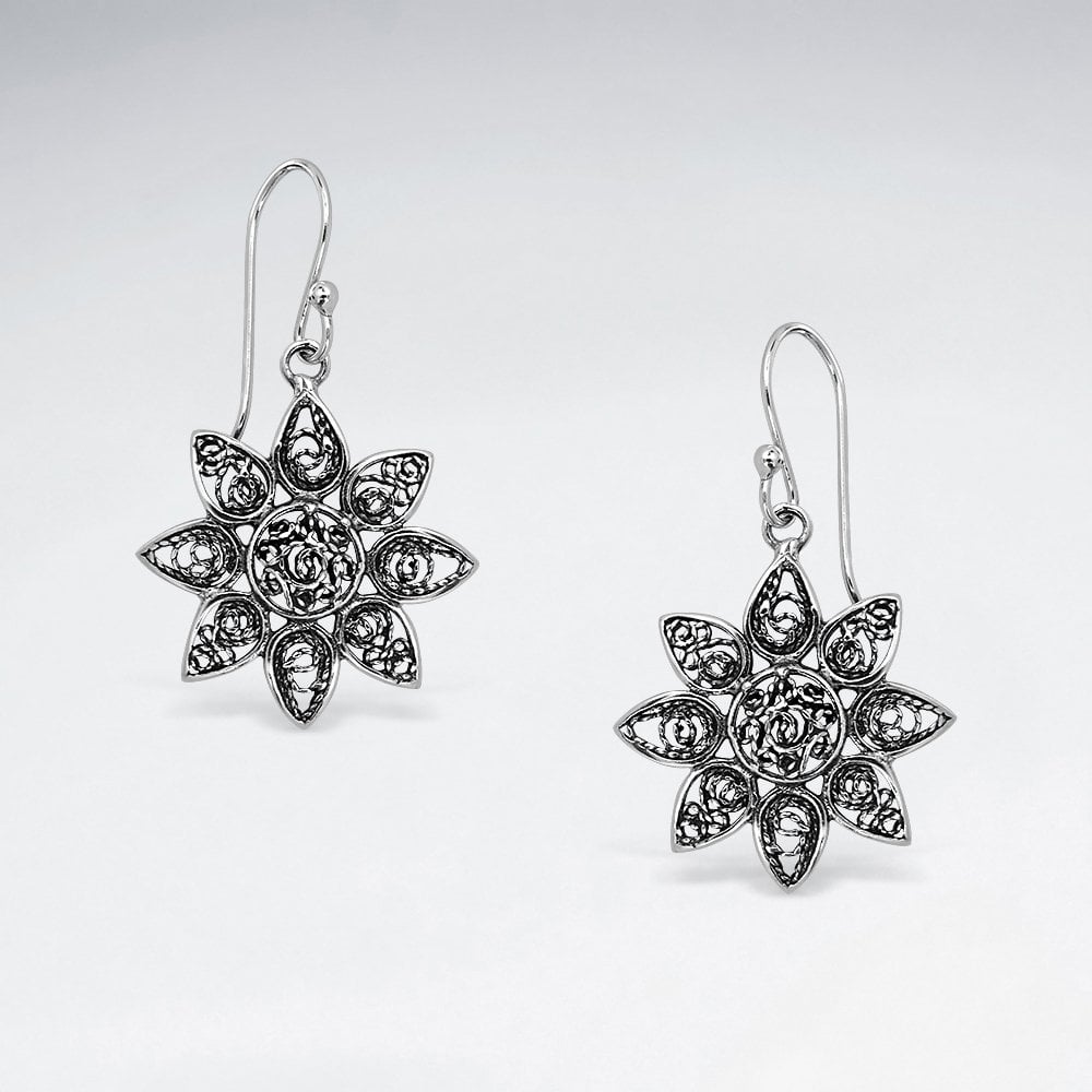 Ornate Filigree Sterling Silver Star Blossom Dangle Hook Earrings