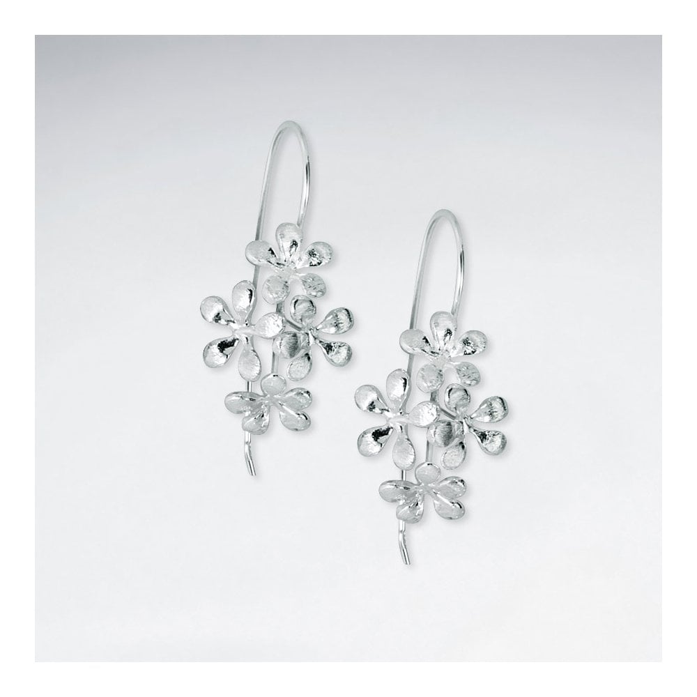 Brushed Sterling Silver Organic Burst Shape Dangle Hook Earrings