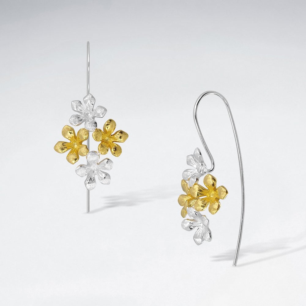 Brushed Sterling Silver Organic Burst Shape Dangle Hook Earrings
