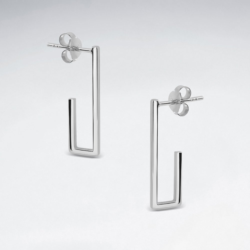 Squared Lines Sterling Silver J-Hoop Stud Earrings