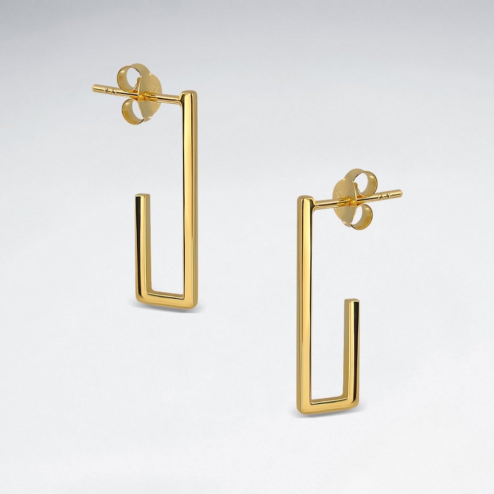 Squared Lines Sterling Silver J-Hoop Stud Earrings