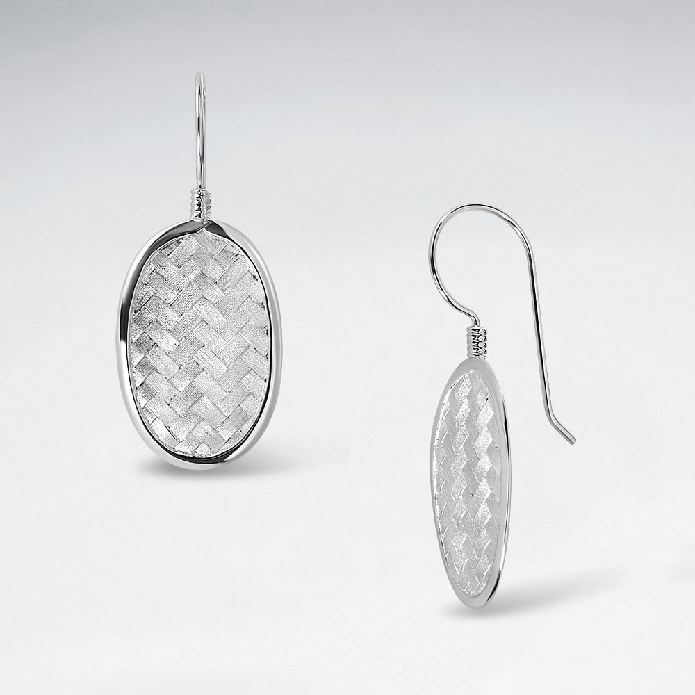 Oval Silver Cobblestone Textured Drop Hook Earrings