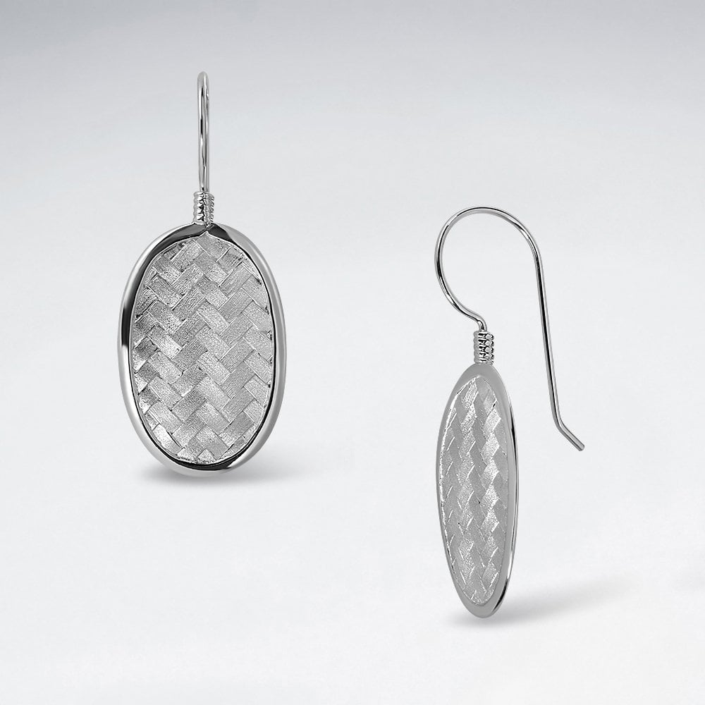 Oval Silver Cobblestone Textured Drop Hook Earrings