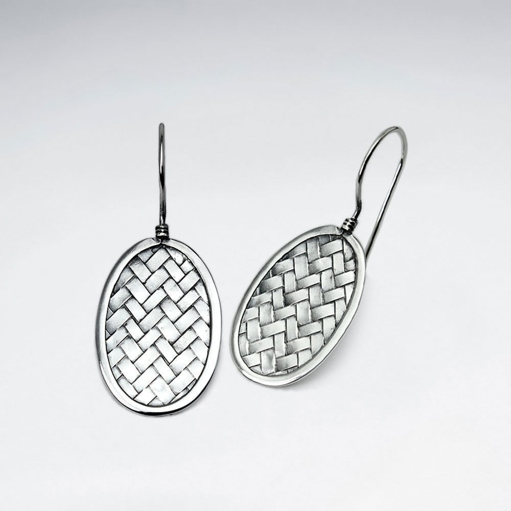 Oval Silver Cobblestone Textured Drop Hook Earrings