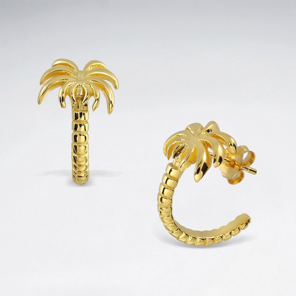 Sterling Silver Palm Tree Half Hoop Stud Earrings