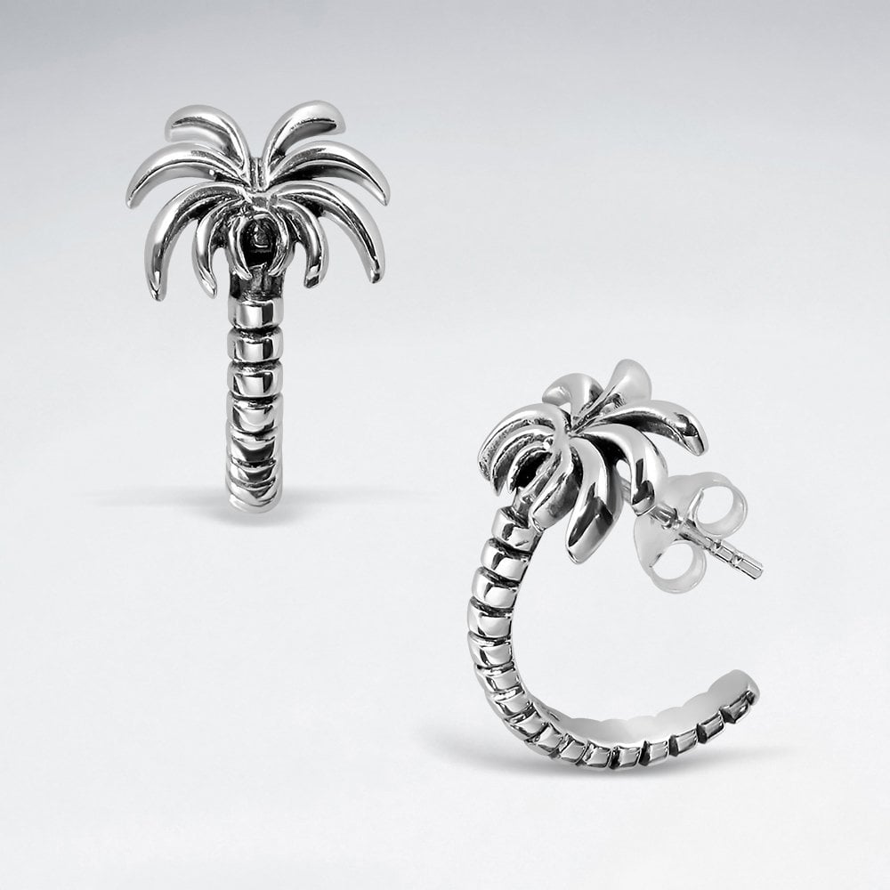 Sterling Silver Palm Tree Half Hoop Stud Earrings