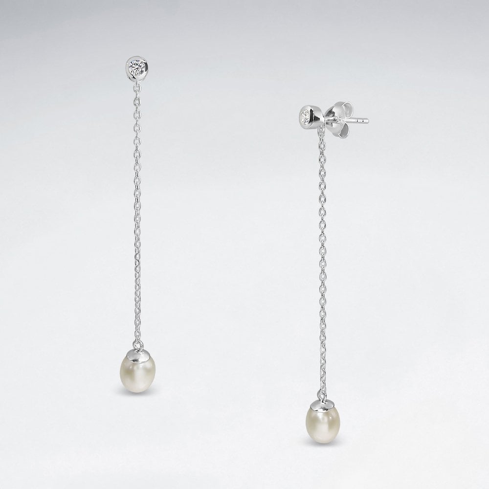 Pearl With Long Silver Chain Earrings