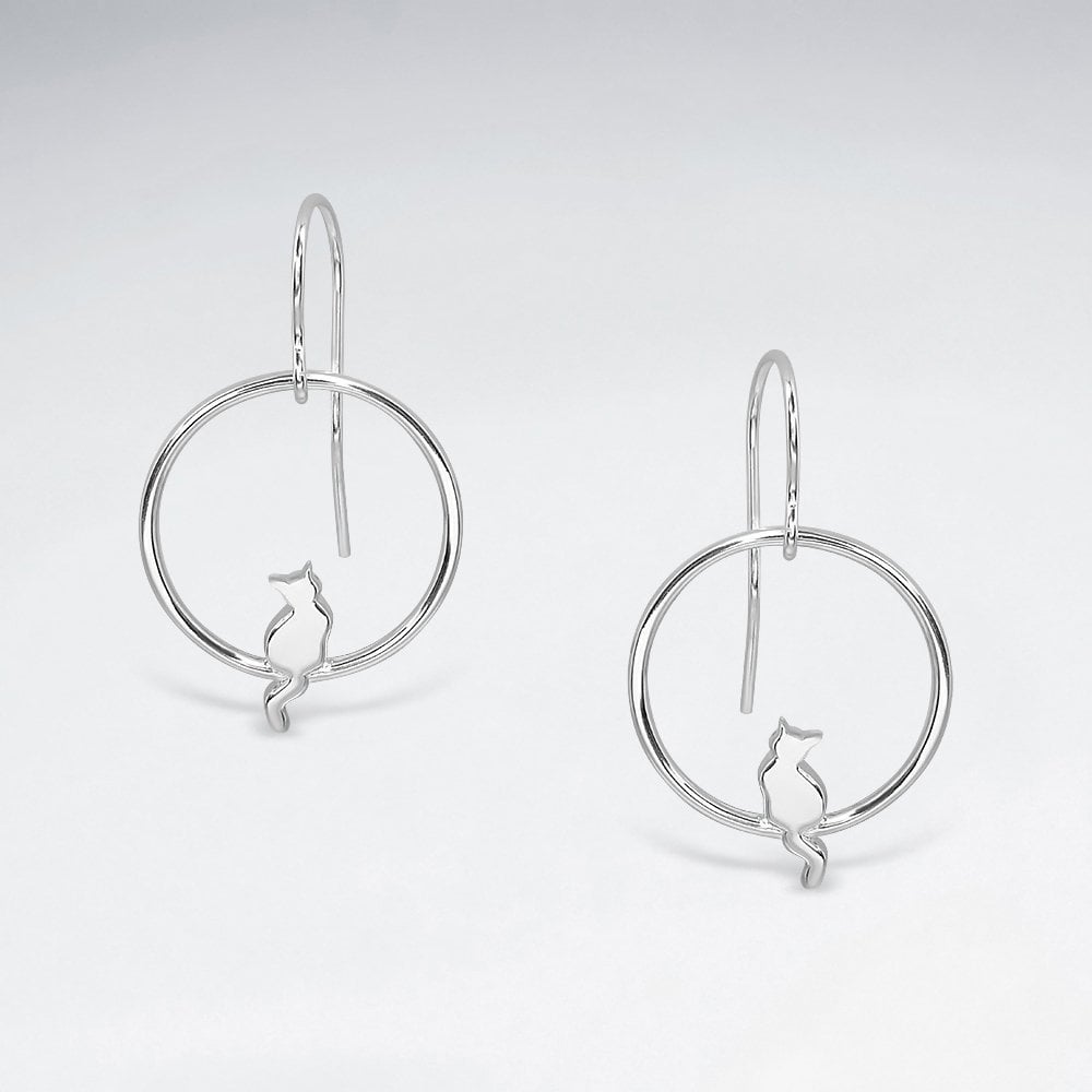 Sterling Silver Hoop Hook Earrings with Cat Silhouettes