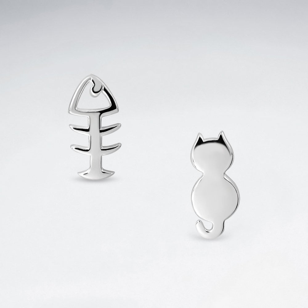 Sterling Silver Cat and Fish Bone Stud Earrings
