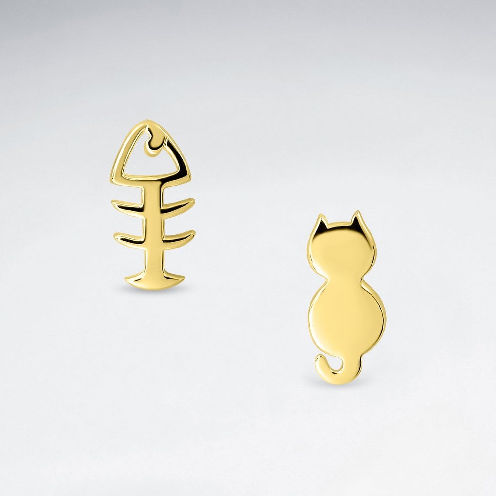 Sterling Silver Cat and Fish Bone Stud Earrings