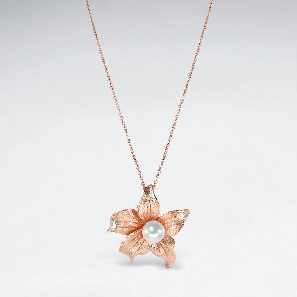 Sterling Silver Flower Necklace with Faux Pearl Center