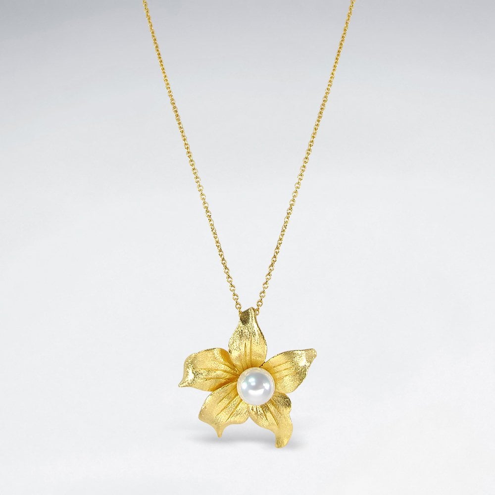 Sterling Silver Flower Necklace with Faux Pearl Center