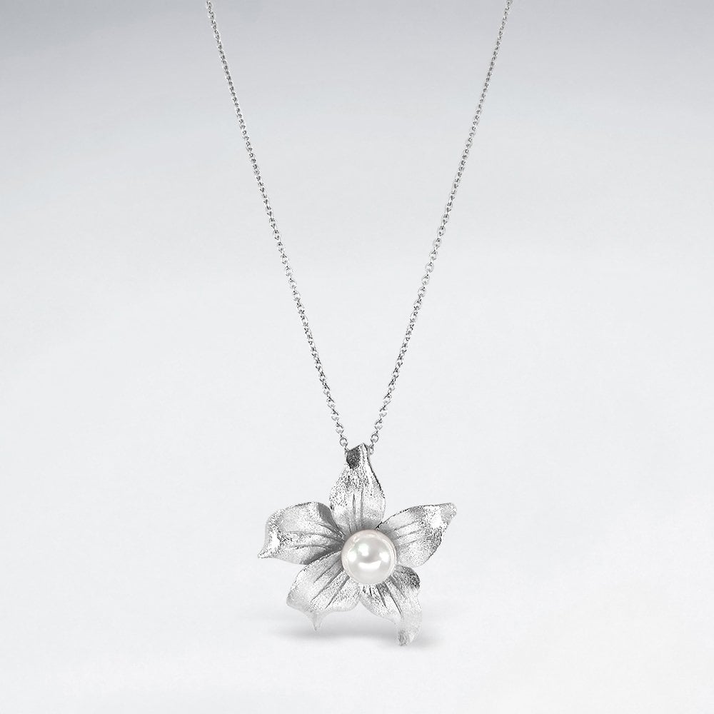 Sterling Silver Flower Necklace with Faux Pearl Center