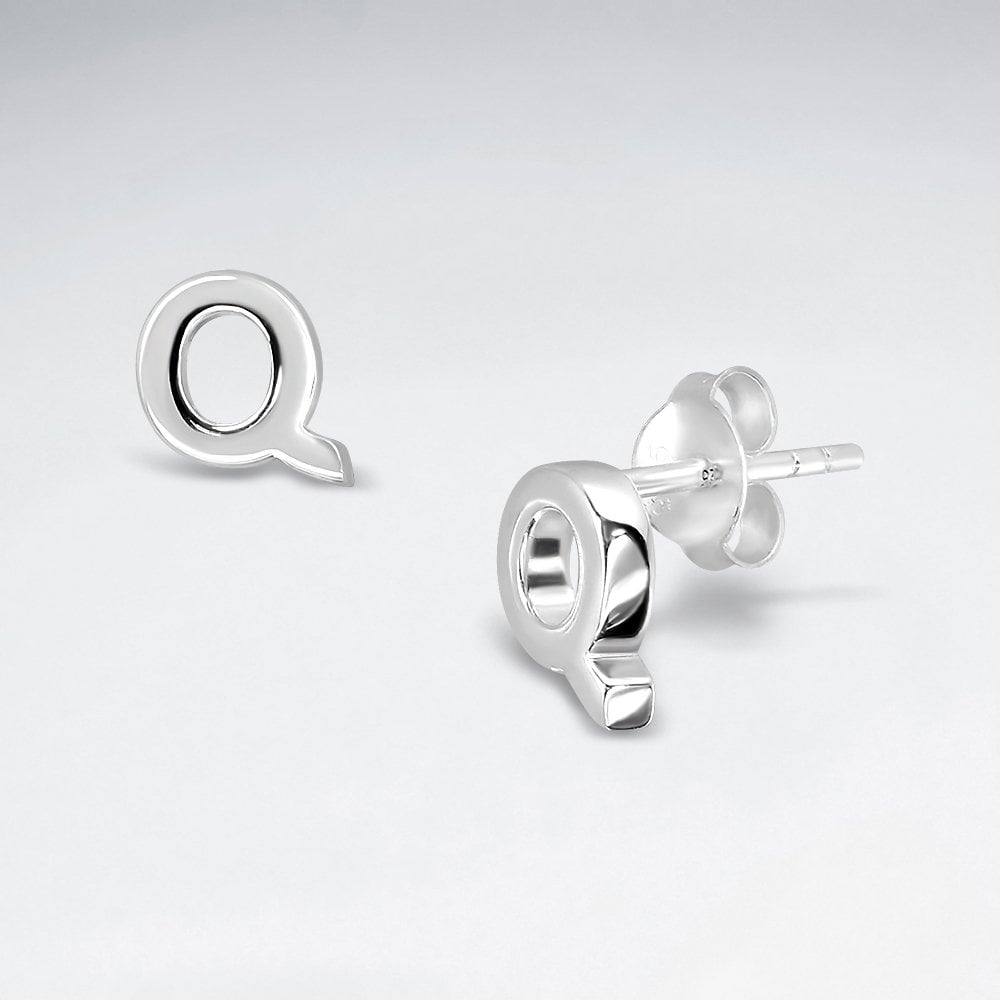 Initial Letter “Q” Silver Stud Earring