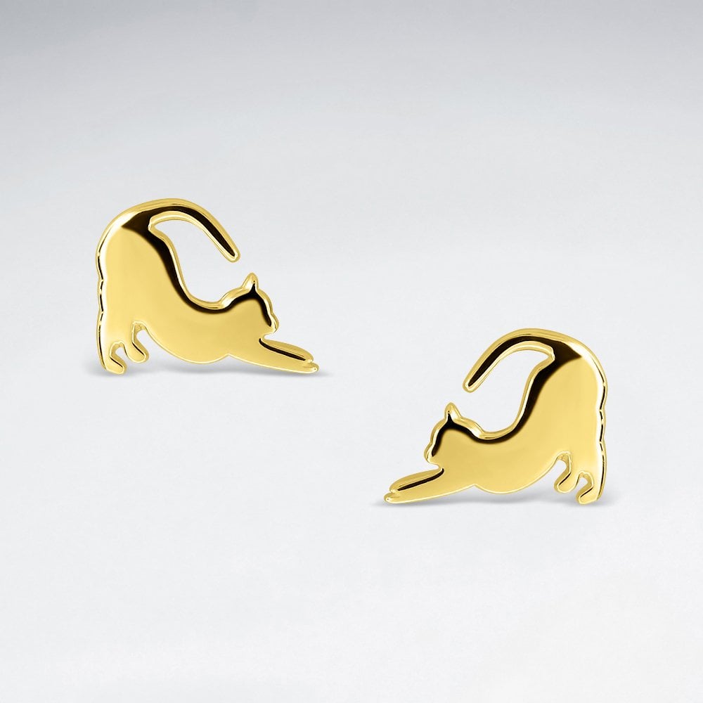 Sterling Silver Stretching Cat Silhouette Stud Earrings
