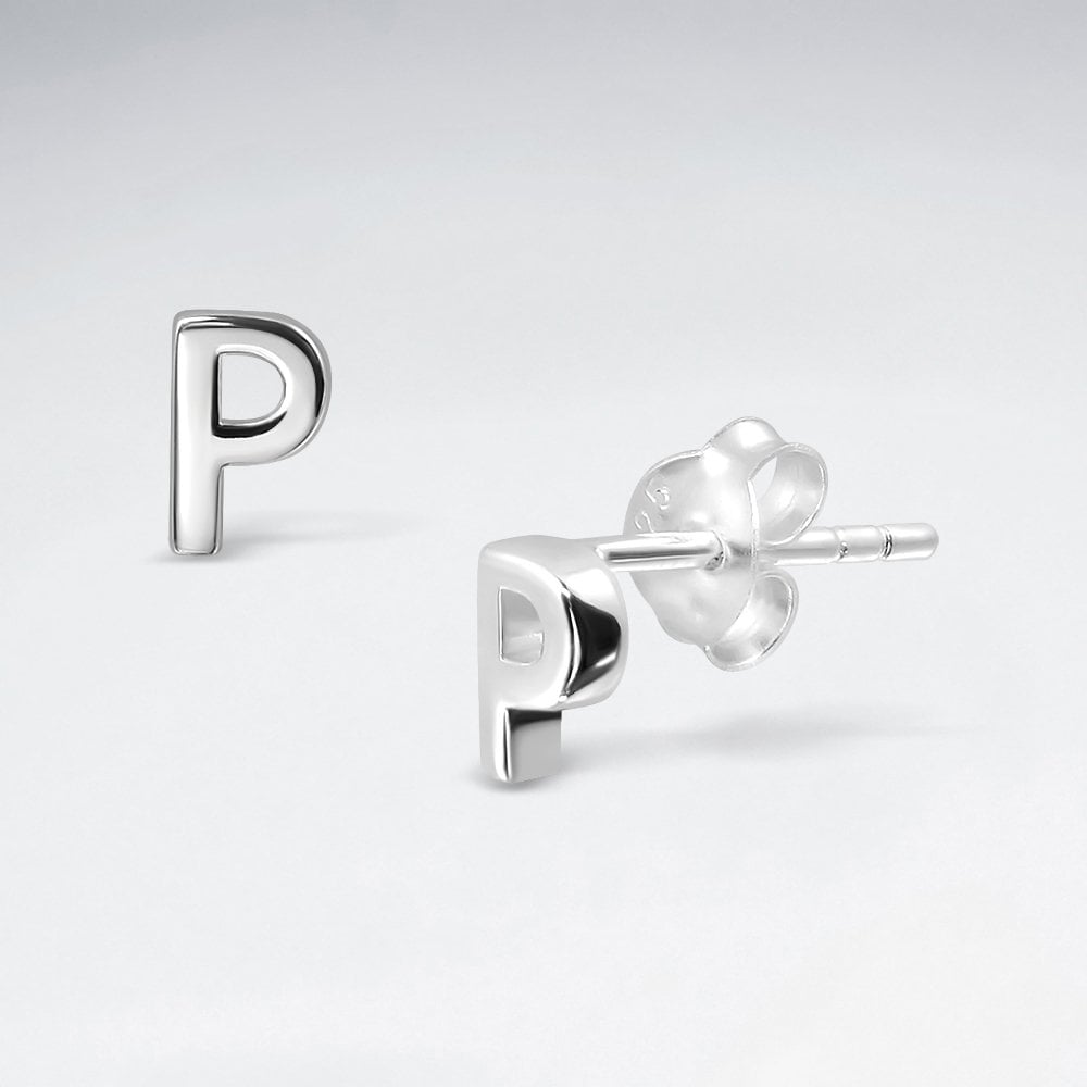 Initial Letter “P” Silver Stud Earring