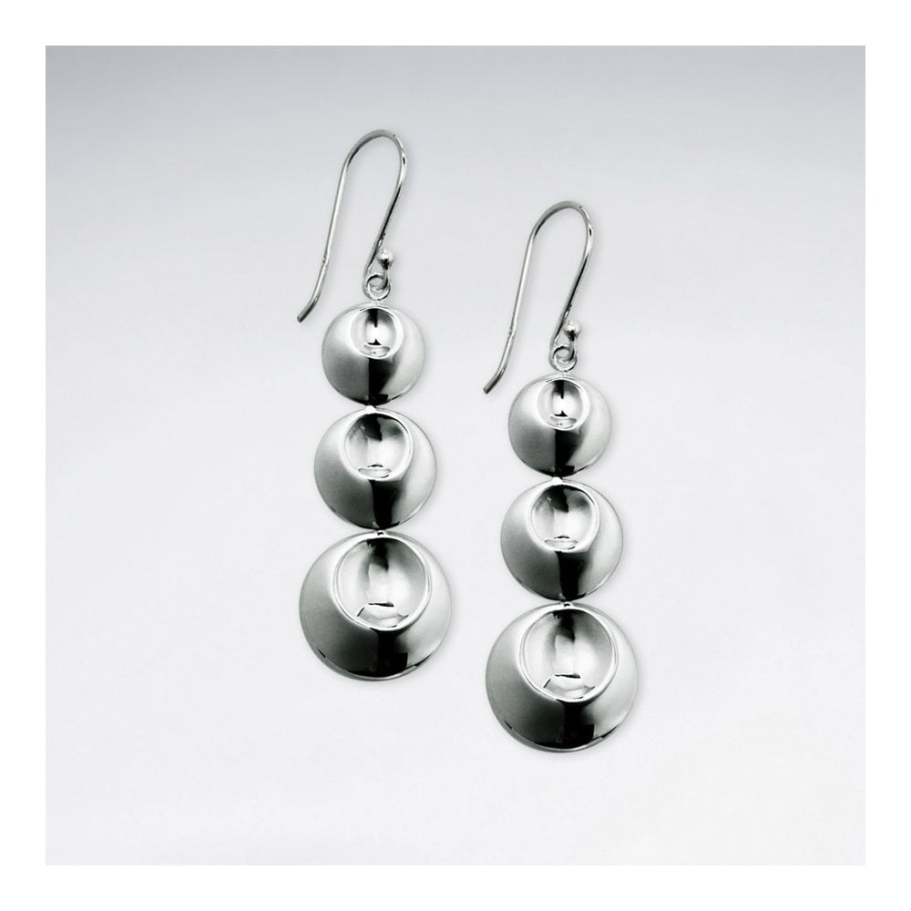 Open Circle Triple Tiered Drop Dangle Earrings in Silver